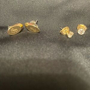 015 Two Pairs Chic Gold and Clear Stone Stud Earrings Initial “P”